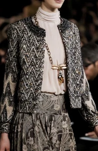 Runway Tory Burch Wool Tweed Printed Evening Shearling Crystal Jacket Bomber Gr.2 - Bild 1 von 15