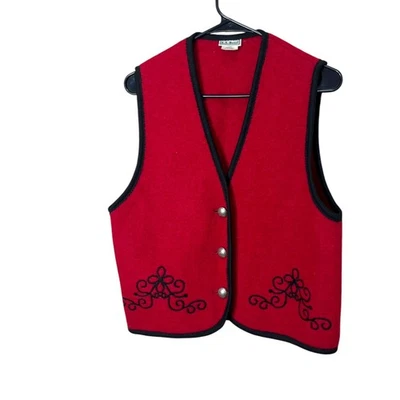 Vintage L.L. Chaleco de lana Bean para mujer mediano rojo negro bordado sin mangas Foto 1 de 4
