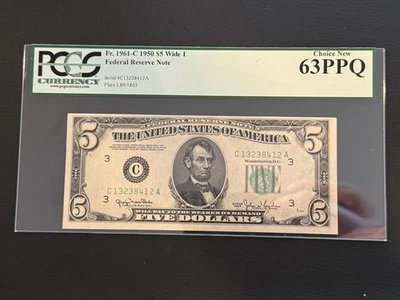 1950 $5 FRN. PCGS Uncirculated 63 PPQ Banknote. WIDE I FR. 1961c - Image 1 of 4