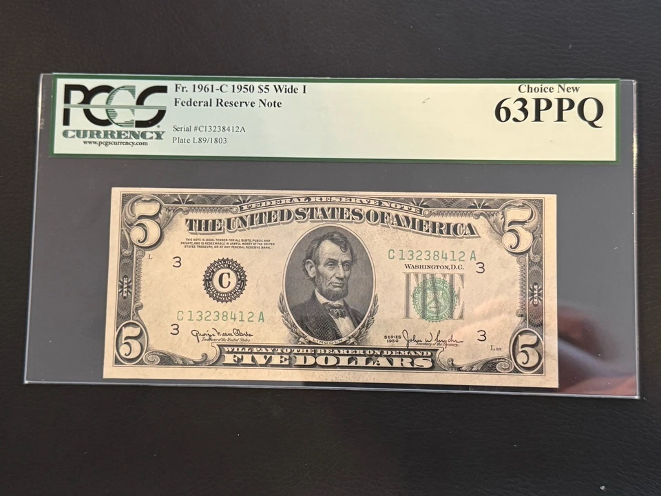 1950 $5 FRN. PCGS Uncirculated 63 PPQ Banknote. WIDE I FR. 1961c - Image 1 of 4