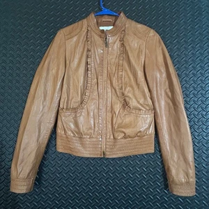 Scharnier Damen Lederjacke braun Größe M Rüschen vorne Moto Style Full Zip - Bild 1 von 9