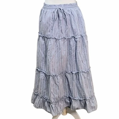 Madewell Cottagecore 分层中裙蓝色荷叶边条纹抽绳腰 - S — 第 1/4 张图片