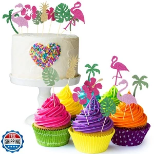 50 Pieces Tropical Hawaiian Luau Cupcake Toppers Glittery Hawaii Cake Cocktai - Picture 1 of 5