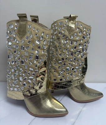 Lauren Lorraine Women's Size 10 Gold Crystal Embellished Western Inspired Boots - Image 1 of 4
