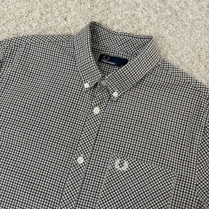 Fred Perry Check Shirt Gingham Green Navy Short Sleeve Mod Mens Size Medium - Picture 1 of 15