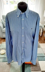 Mens Tommy Hilfiger Blue & White Striped Oxford Shirt Size Large - Picture 1 of 7