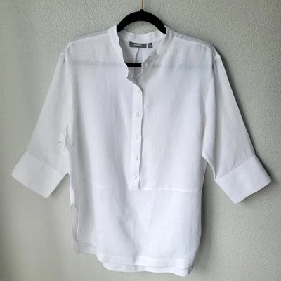 Top de lino para mujer Neiman Marcus 3/4 botones delanteros, talla: grande, color: blanco Foto 1 de 4