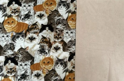 Cats Large Print Fleece Fabric  & Solid  Beige  - 60"W - 1.2 Yard EACH - Image 1 of 4