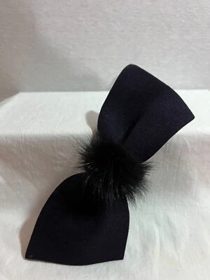 New Handmade Hair Bow Clip Midnight Blue Felt & Black Mink Fur Ball 8" x 3" - Image 1 of 4
