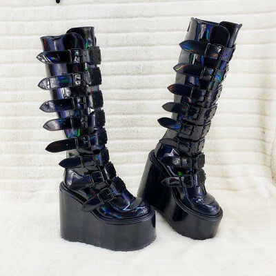 Swing 815 Black Oil Slick hologram Goth Punk Knee Boot 5.5" Platform DEMONIA NY - Image 1 of 4