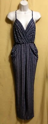 BCBGeneration BCBG Damas Azul Marino Rayas Largo Mameluco Mono V Top Pantalones S $98 Foto 1 de 4