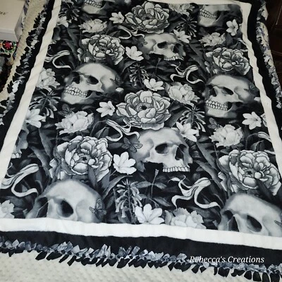 Skulls And Flowers Grayscale Handmade Tie Blanket Oversize Throw 60"X72"  - Image 1 of 4