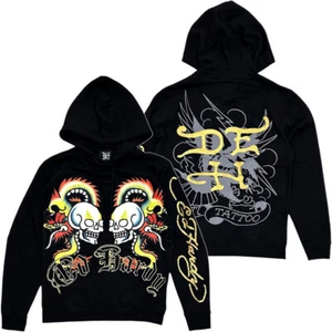 Ed Hardy Men's Hoodie Dragon Skull Gold Metallic Foil Fleece Pullover Sweatshirt - Picture 1 of 4