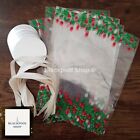 12 x CHRISTMAS HOLLY Cupcake Cello TREAT Bags with Ribbon & Silver Cake Cards 