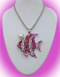 Sparkly! Betsey Johnson AB & Pink Crystal Striped Tropical Fish Pendant & Chain! - Picture 1 of 16