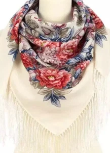 Scarf 35'' square 100 % merino wool Russian Pavlovo Posad shawl white red 2009 - Picture 1 of 10