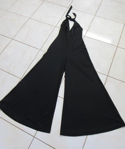 Vintage 70s 80s ESTIVO Silky BLACK Disco Halter Jumpsuit Palazzo Catsuit Size 7 - Picture 1 of 21