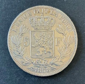 Belgique - Léopold Ier -Très Rare et Jolie 5 Francs 1858 - Tirage 18.512 Ex. (2) - Afbeelding 1 van 2