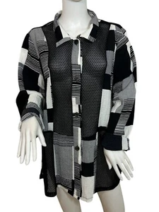 Top túnica señora XL negro blanco a cuadros malla inserciones cuello manga larga botón - Imagen 1 de 17