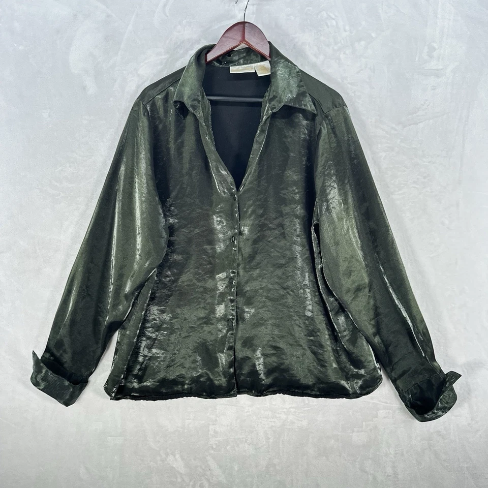 Camisa Vintage Christie Jill Top Mujer 22W Verde Botón Iridiscente Años 90 Glam Foto 1 de 4