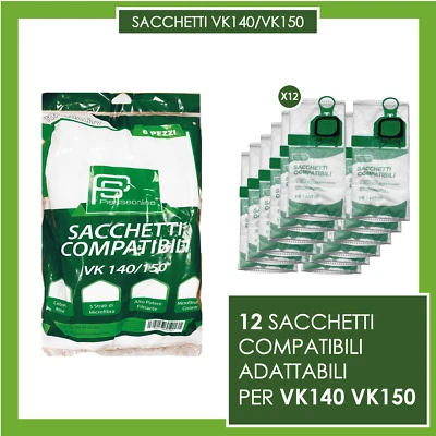 12 SACCHETTI COMPATIBILI PER VORWERK FOLLETTO VK140 150 (NO VK 200 220S 135 131) - Immagine 1 di 2