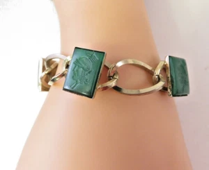 Vintage grün Intaglio römischer Krieger Armband goldfarben 7,5 Zoll - Bild 1 von 7