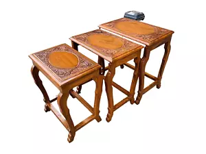 Beautiful Set of 3 Vintage Mid Century Teak Hand Carved Nesting Tables Set - Picture 1 of 11