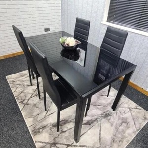 Black Glass Dining Table Set with 4 Leather Chairs Modern Kitchen 120cm - Picture 1 of 12