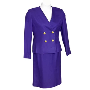 Celine Paris Skirt Suit Royal Purple Double Breasted Blazer Gold Buttons Medium - Picture 1 of 11