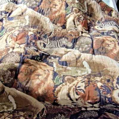 Vtg African Wildlife Themed Tapestry Fabric – Safari Jungle Animals, 72"x55" - Image 1 of 4