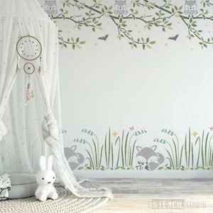 Juego de plantillas murales de animales de guardería con borde de búho, rama y zorro - plantilla de pared reutilizable - Imagen 1 de 6