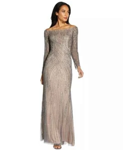 Adrianna Papell Sequin Off the Shoulder Silver Gown - size 0 - retail $299 - Picture 1 of 8