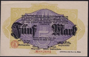 Billete de papel moneda de emergencia antiguo de la Primera Guerra Mundial de 5 marcos de Alemania aUNC - Imagen 1 de 2