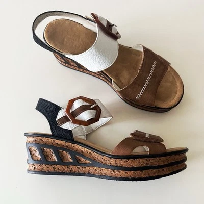 Tacones de cuña con correa al tobillo RIEKER Rose 76: para mujer 8,5, beige negro + blanco Foto 1 de 4