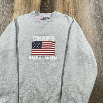 Chaps Ralph Lauren Sweatshirt Mens M Gray USA Flag Spellout Chest Logo Sweater - Image 1 of 4