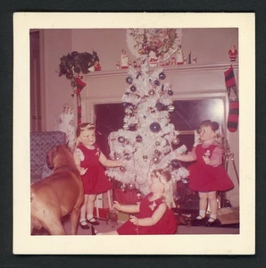 Three Creepy Dolls Posed Around White Christmas Tree Dog Photo 1950s Strange 2 - Picture 1 of 2