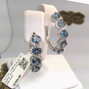 $799- NATURAL LONDON BLUE TOPAZ/WHITE TOPAZ SOLITAIRE HOOP EARRINGS SS/14KPL 925 - Picture 1 of 10