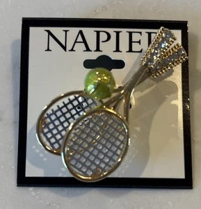Neu Napier goldfarben Tennisschläger Ball Sport Pin Vintage Strass Glitzer - Bild 1 von 3