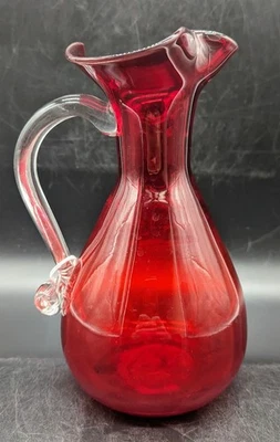 Vintage Ruby Red Art Glass Mouth Blown Pitcher W Applied Handle 8.75" - Image 1 of 4