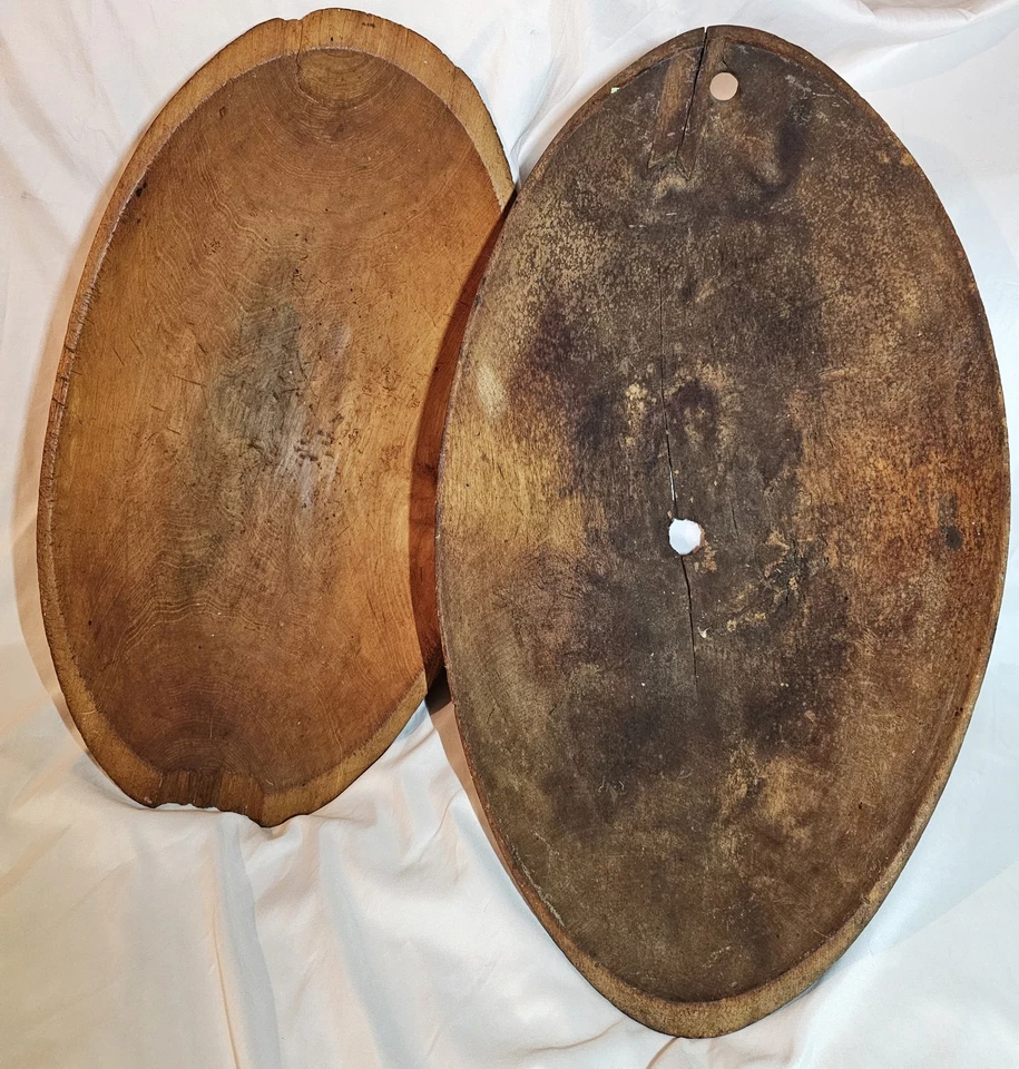VINTAGE WOOD DOUGH BOWLS (x2) HAND CARVED OBLONG W/ FINGER HOLD / GROOVE - Image 1 of 4