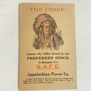 ANTIKER HÄUPTLING Appalachian Power Co SELTENE Postkarte Indianer 1922 Wytheville - Bild 1 von 9