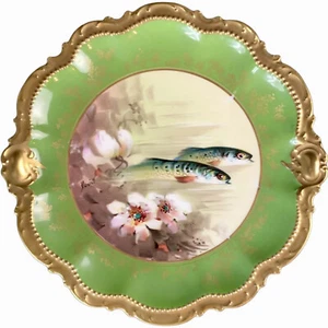 Antique Limoges Plate Mermod & Jaccard, Fish, Signed PUVIS Rococo Style France - Picture 1 of 11
