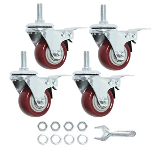 Swivel Caster Wheels 2 Inch Heavy Duty Threaded Stem Casters 3/8"-16X1" w/ Brake - Picture 1 of 7