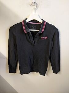 Pepe Jeans Rugby Shirt Womens Small Black Long Sleeve Script Logo Adults