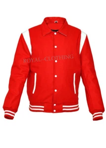 Varsity Letterman Bomber Retro Baseball Jacket Red Wool White Leather Stripes - Picture 1 of 3