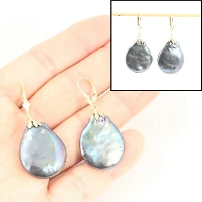 14 k Yellow Gold Leverback Cup Black Coin Pearl Dangle Earrings - Image 1 of 4