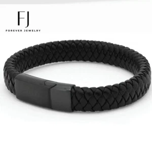Herren Edelstahl, schwarzes geflochtenes Leder * magnetisches 8,5" Armband * Unisex. Box - Bild 1 von 5