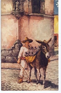 Postal de arte de hombre con burro pintura artística alrededor de 1940 México - Imagen 1 de 2