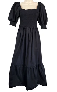 INC Women Size M Smocked Puff Sleeve Maxi Dress Empire Waist Black Cotton - Picture 1 of 14
