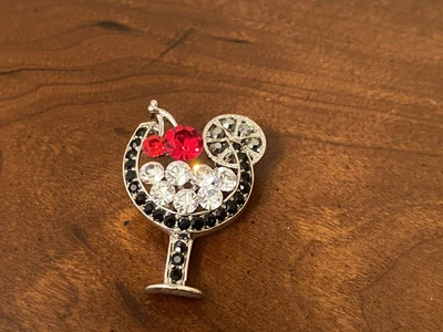 派对鸡尾酒玻璃红色透明黑色宝石水晶胸针银色 — 第 1/3 张图片